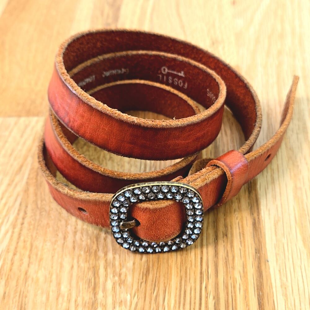 Fossil women's brown leather belt with a rhinestone buckle
